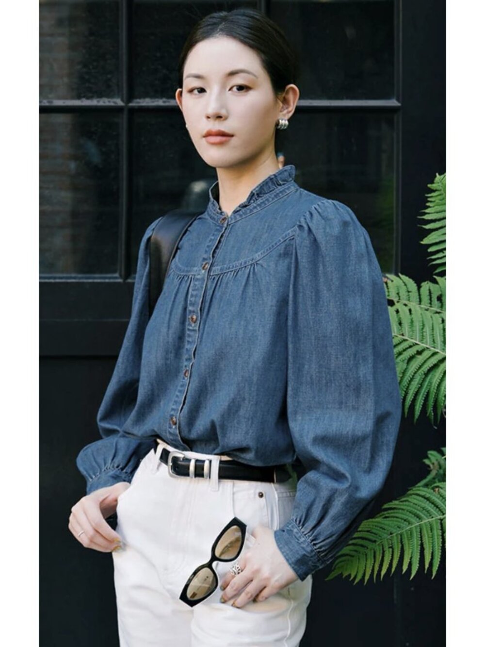 PETITE STUDIO NYC X SUGGYL Bethany Denim Blouse Indigo S Puff Sleeve Minimalist